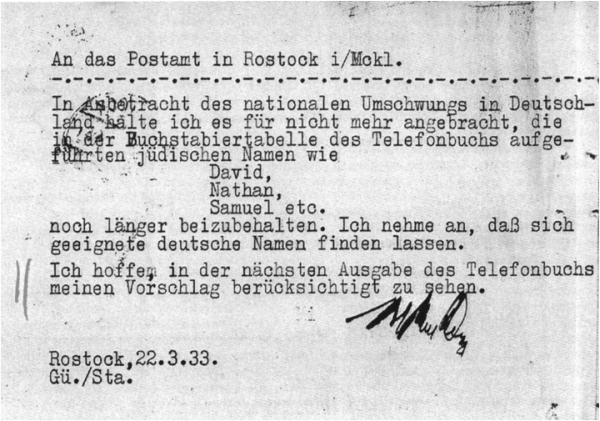 Faksimile: Postkarte, die der Überarbeitung der Buchstabiertafel 1933 den Anstoß gab 